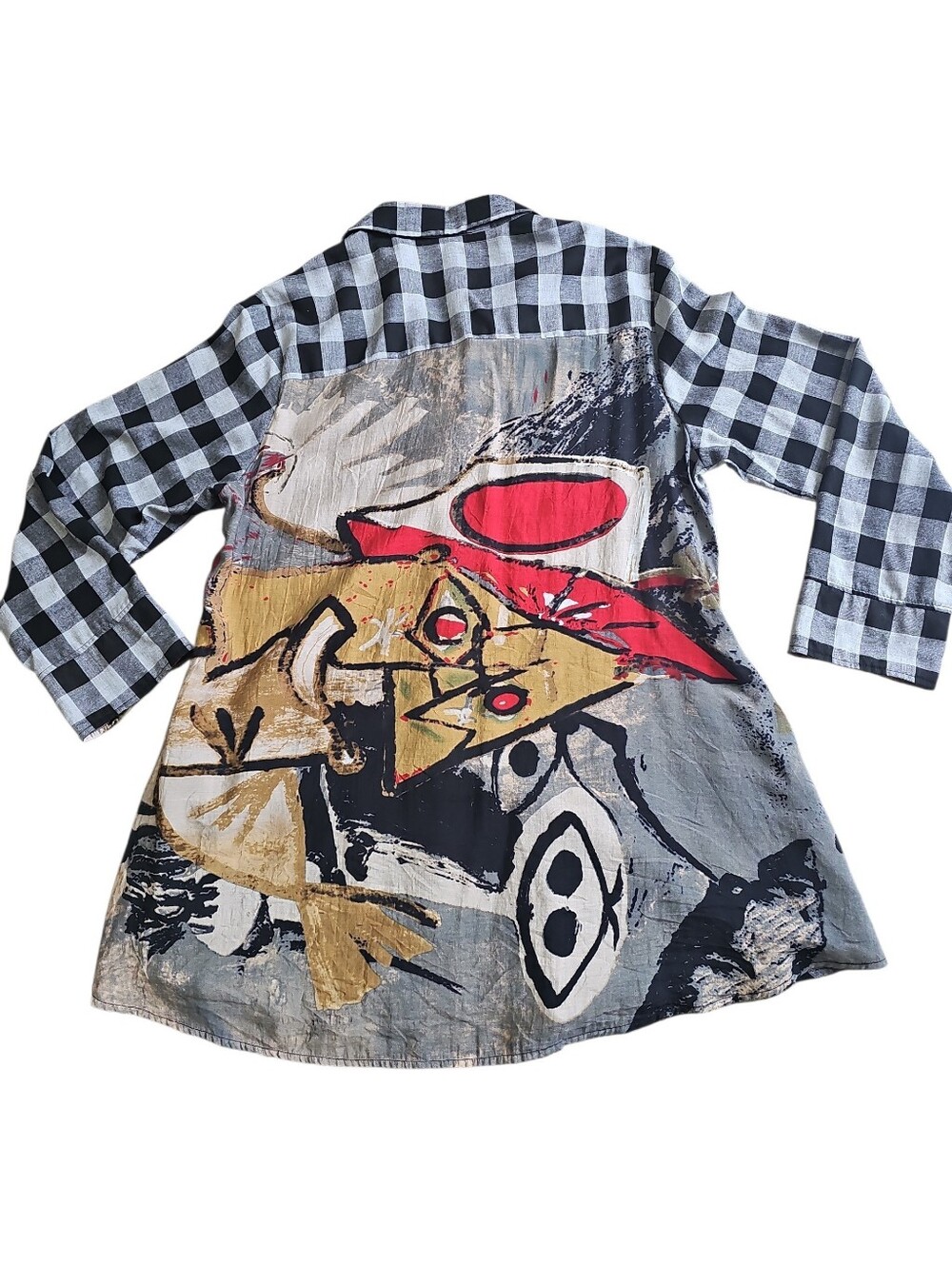 Shana Art To Wear Abstract Graphic Gingham Check Plaid Button Up Tunic Shirt L